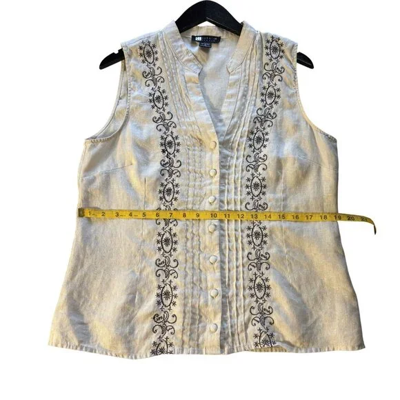 Vintage Carole Little XL Linen Sleeveless Button Front Blouse Black Embroidery - Picture 6 of 9